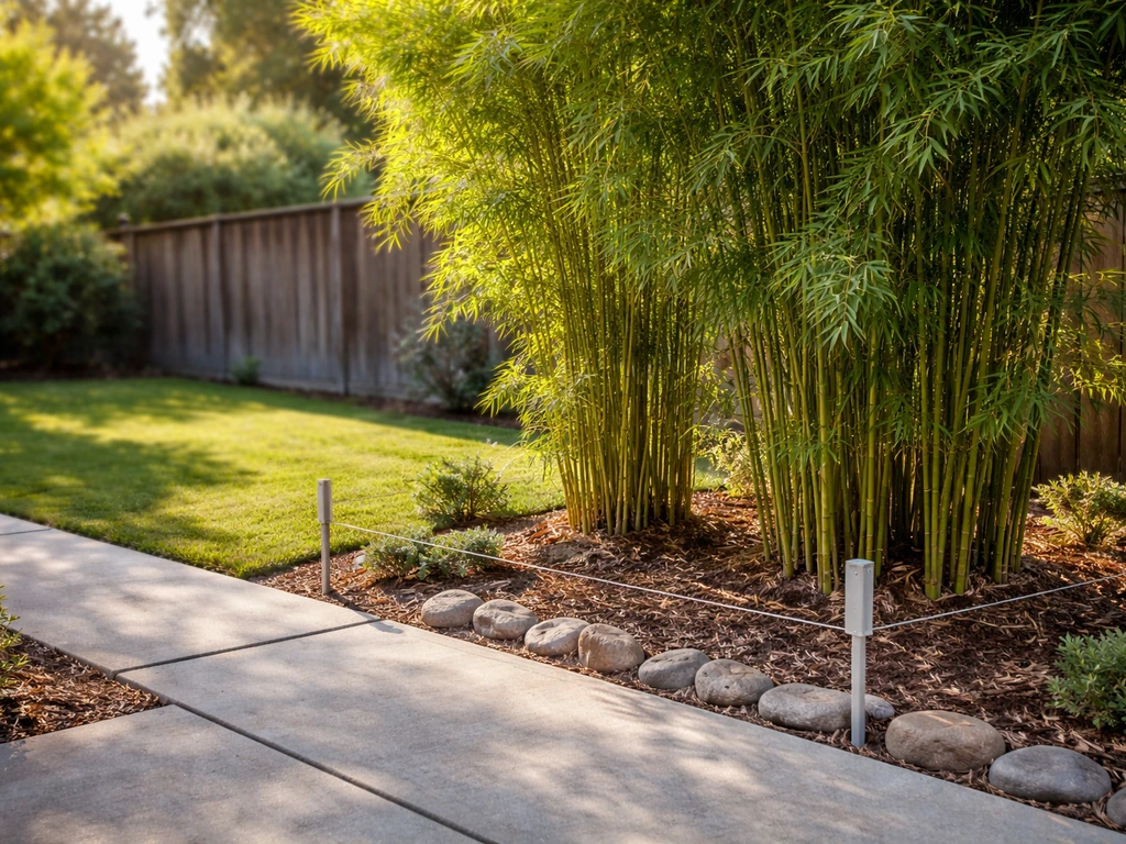 Bamboo growing in a California backyard with subtle, non-readable compliance-style posts nearby.