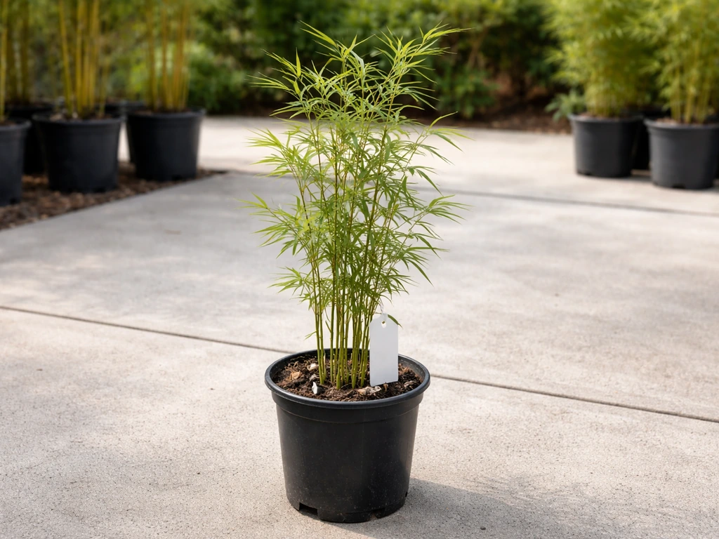 Close-up of a bamboo plant in a small nursery pot with a simple tag, suggesting local rules