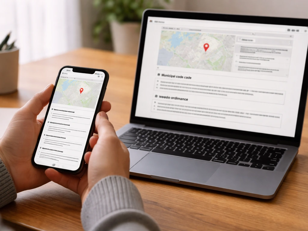 Hands using phone and laptop to search municipal bamboo ordinance, with a blurred map pin nearby.