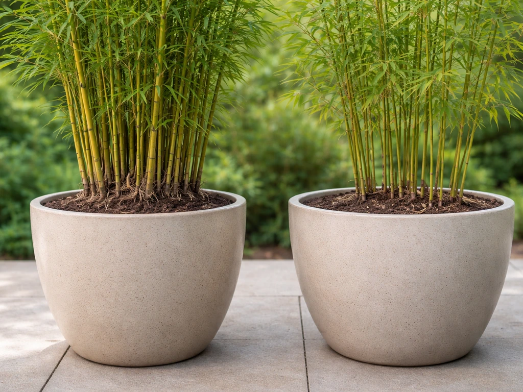 Two bamboo plants in separate pots—clumping variety with tight growth and running type with wider spread