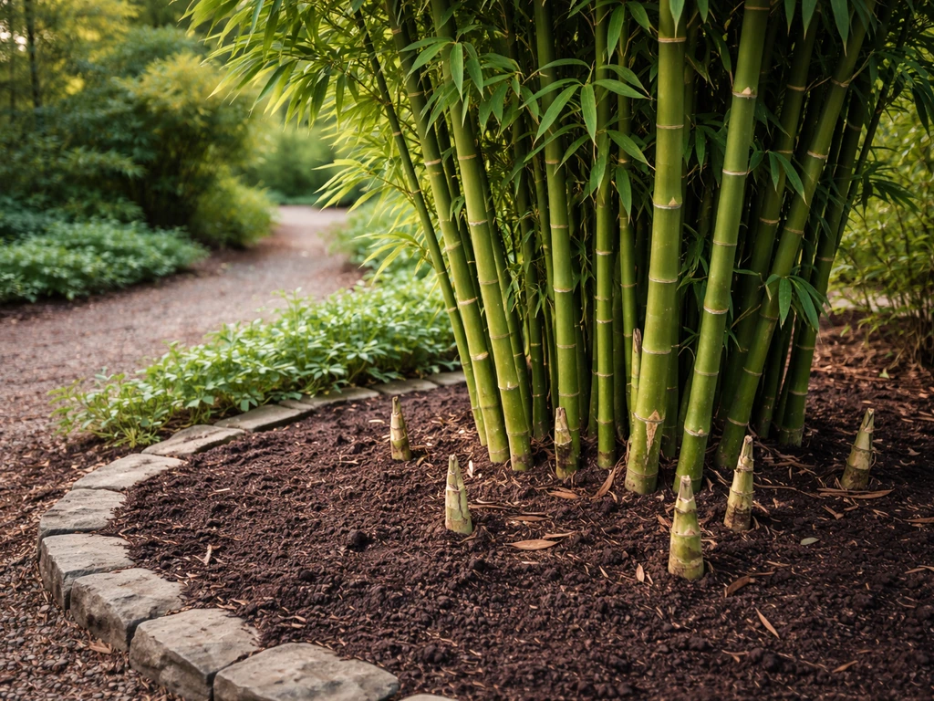 Lush bamboo clump growing in rich soil outdoors with low groundcover and a simple garden edge.