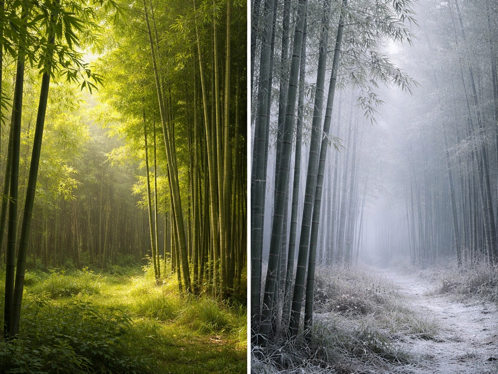 Split scene showing bamboo flourishing in warm light and struggling under frost in cold air.