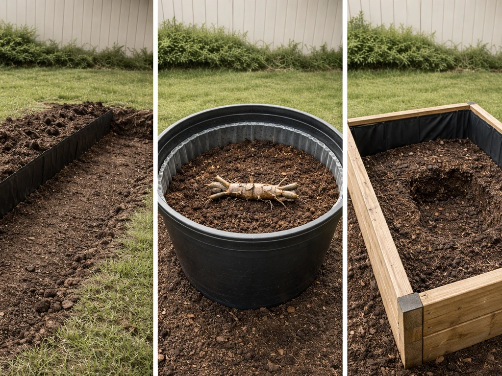 Side-by-side in-ground, container, and raised-bed bamboo planting setups with prepared soil and rhizome barriers.