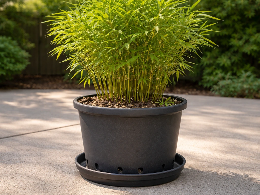Large container of bamboo in potting mix, with visible drainage holes and a saucer stand for watering