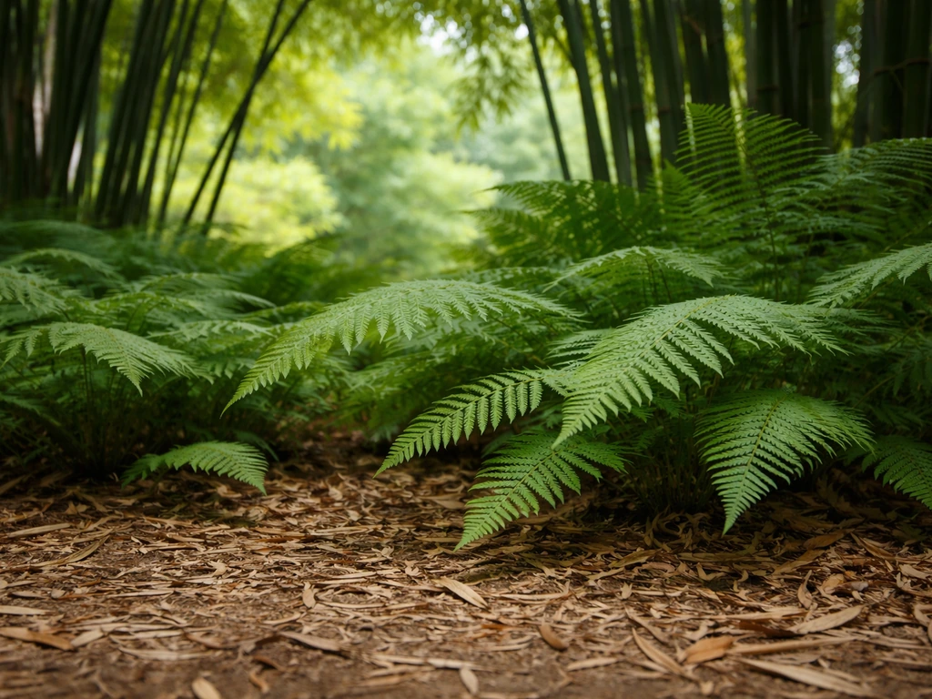 Ferns growing under bamboo in dappled shade over leaf litter on dry soil.