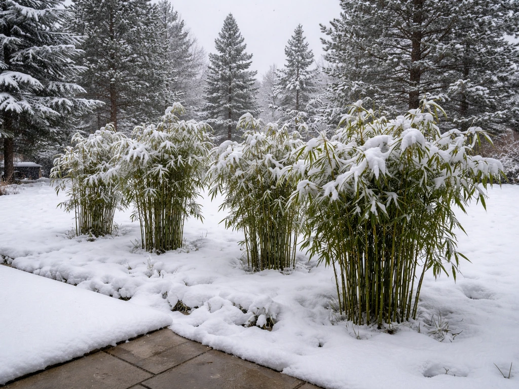 Winter Colorado backyard with hardy bamboo clumps standing green in snowy ground.