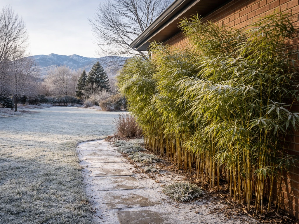 Frosty Denver-front-range winter yard where bamboo thrives along a sheltered brick wall.