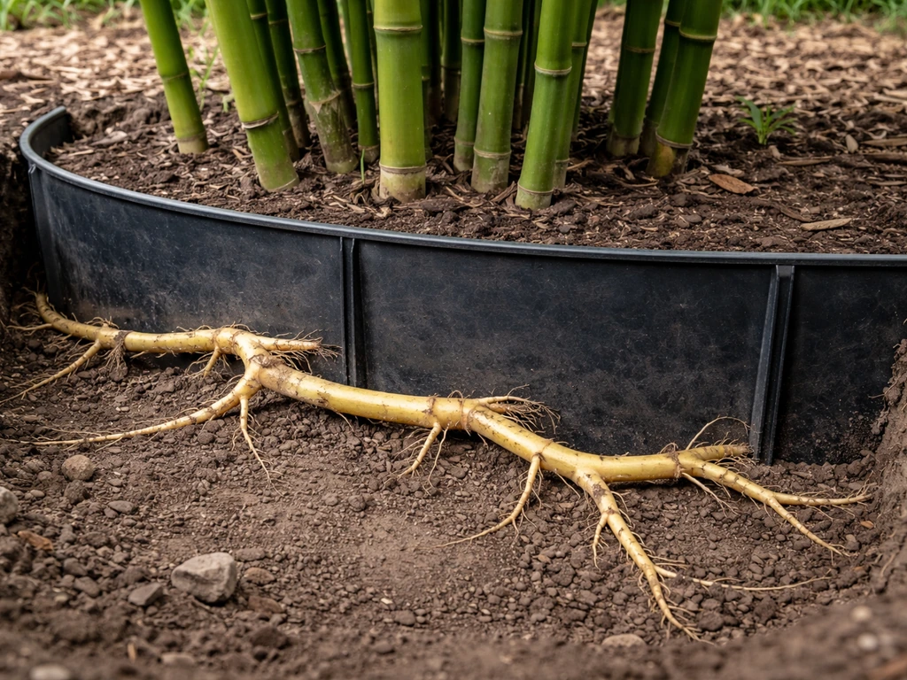 Running bamboo in soil with an in-ground rhizome barrier, visible rhizomes showing spread risk and containment.