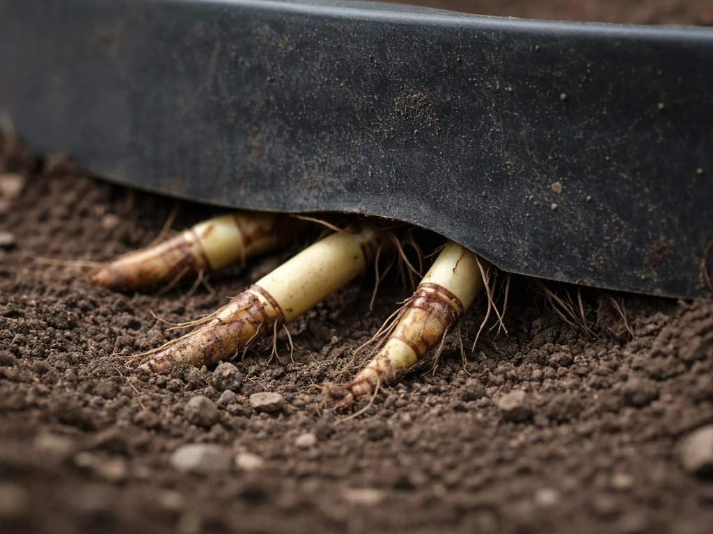 Bamboo rhizomes pushing through a small gap in a rhizome barrier, with fresh shoots escaping.