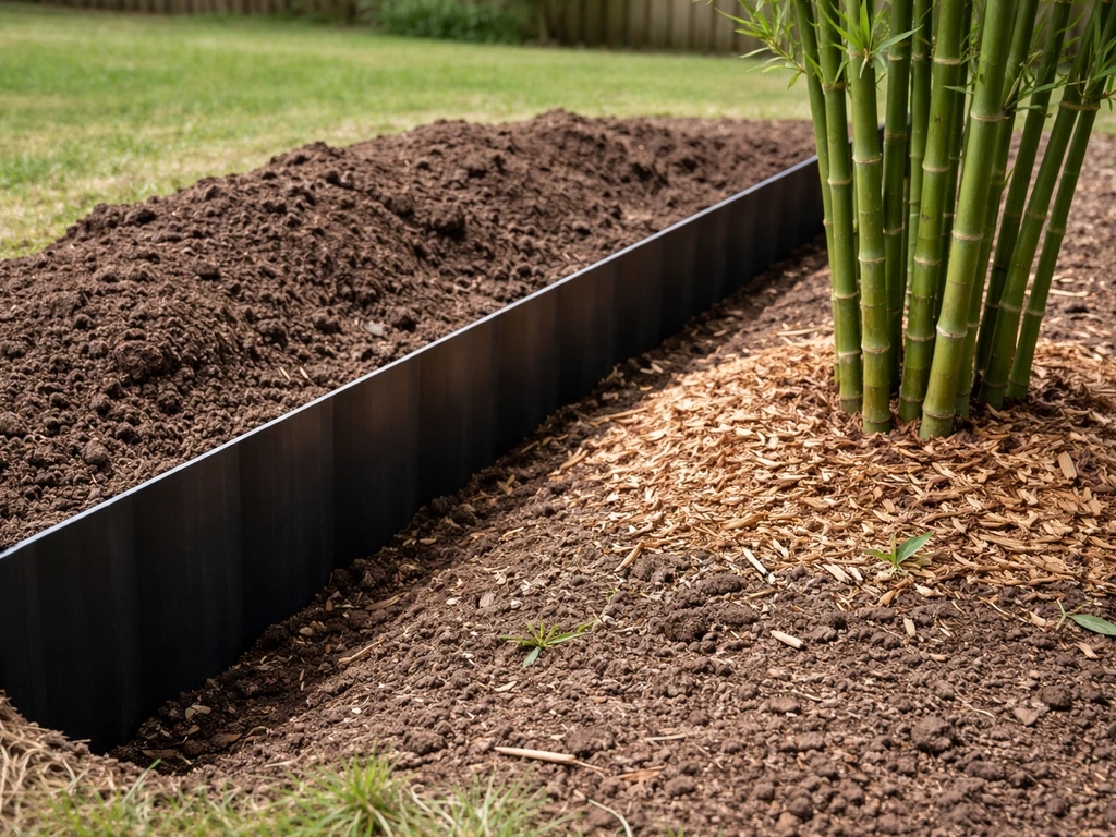 Backyard trench with installed rhizome barrier and a bamboo clump planted beside it, soil mounded properly.