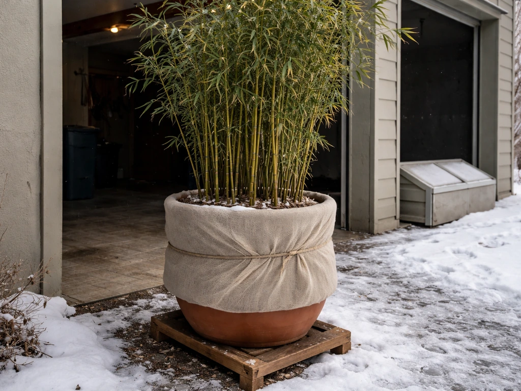 Large container with hardy bamboo beside a garage door during winter transition, simple overwintering setup