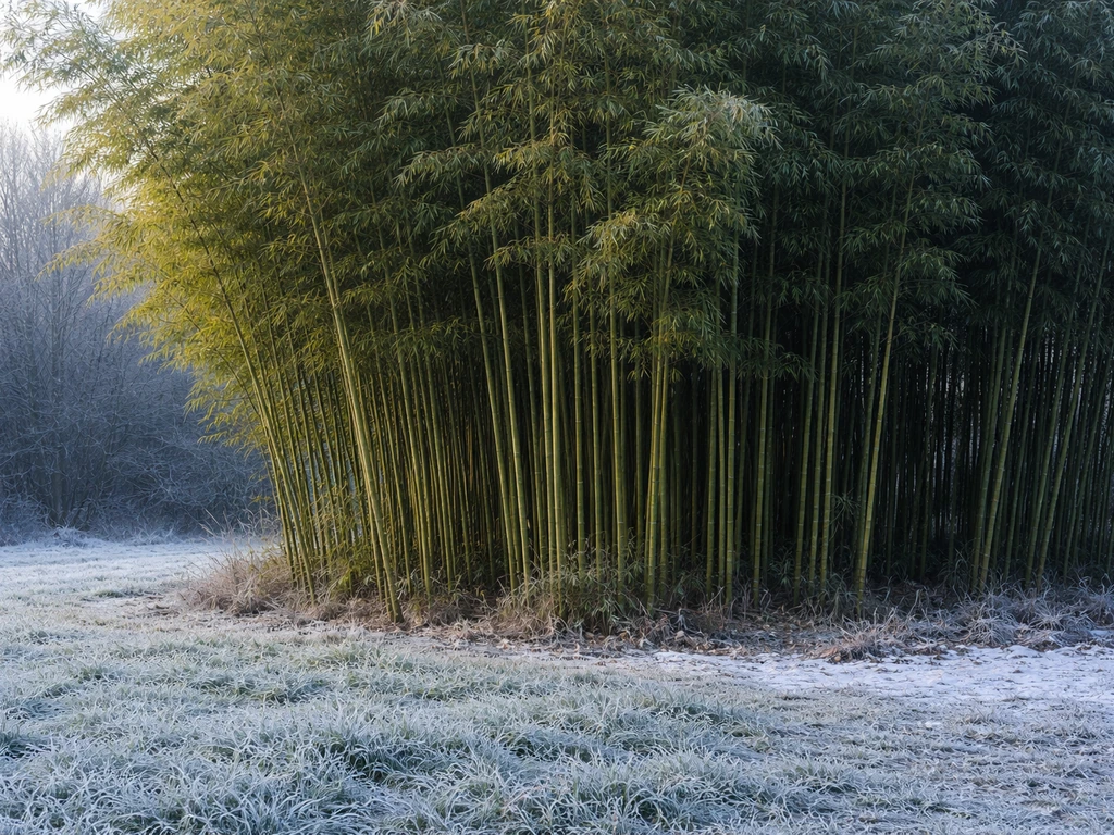 Bamboo grove with frost on nearby ground, showing climate and temperature conditions for growth.