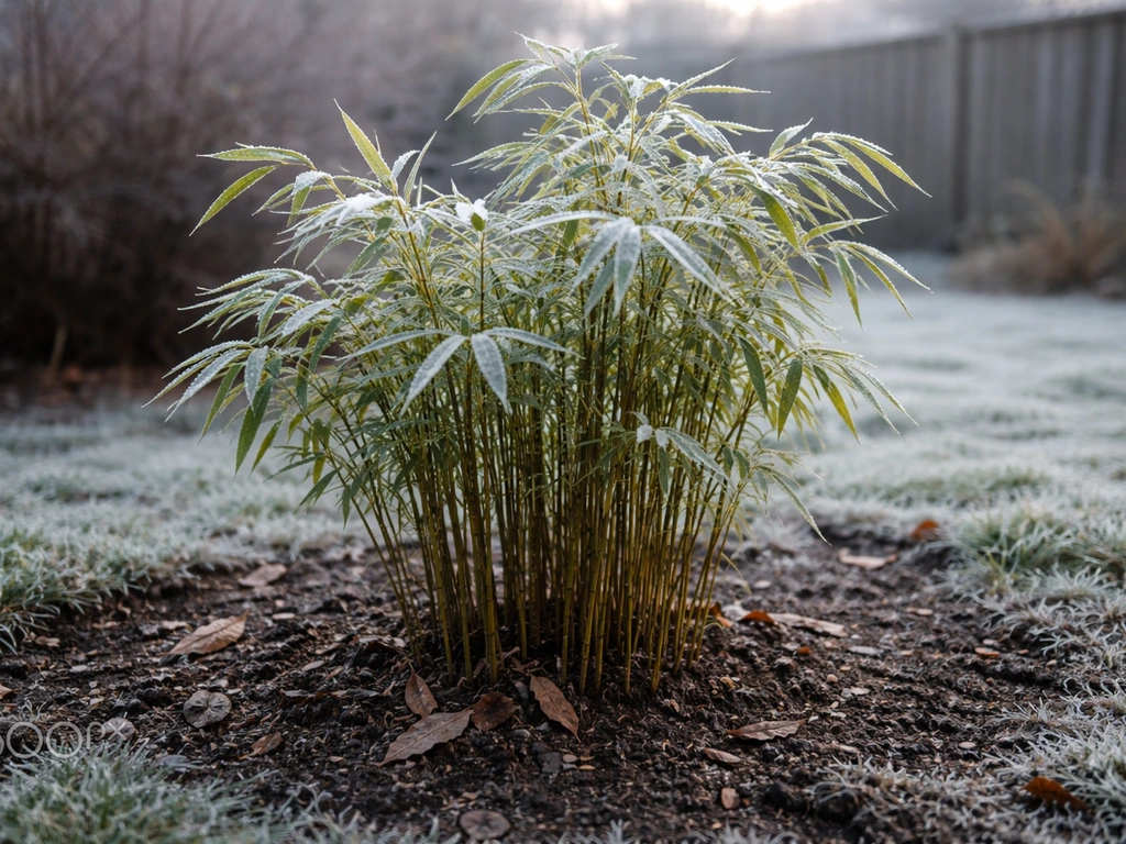 Clumping bamboo dusted with frost in a quiet near-freezing yard, suggesting low cold tolerance.