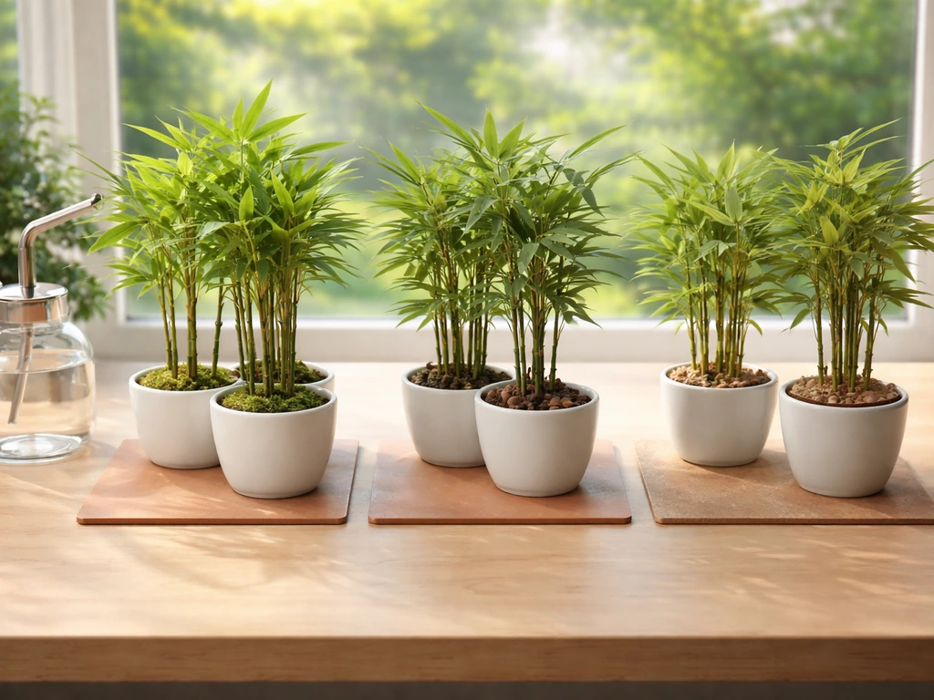 Minimal tabletop scene with grouped bamboo-like canes in pots under different climate-like conditions, no text.