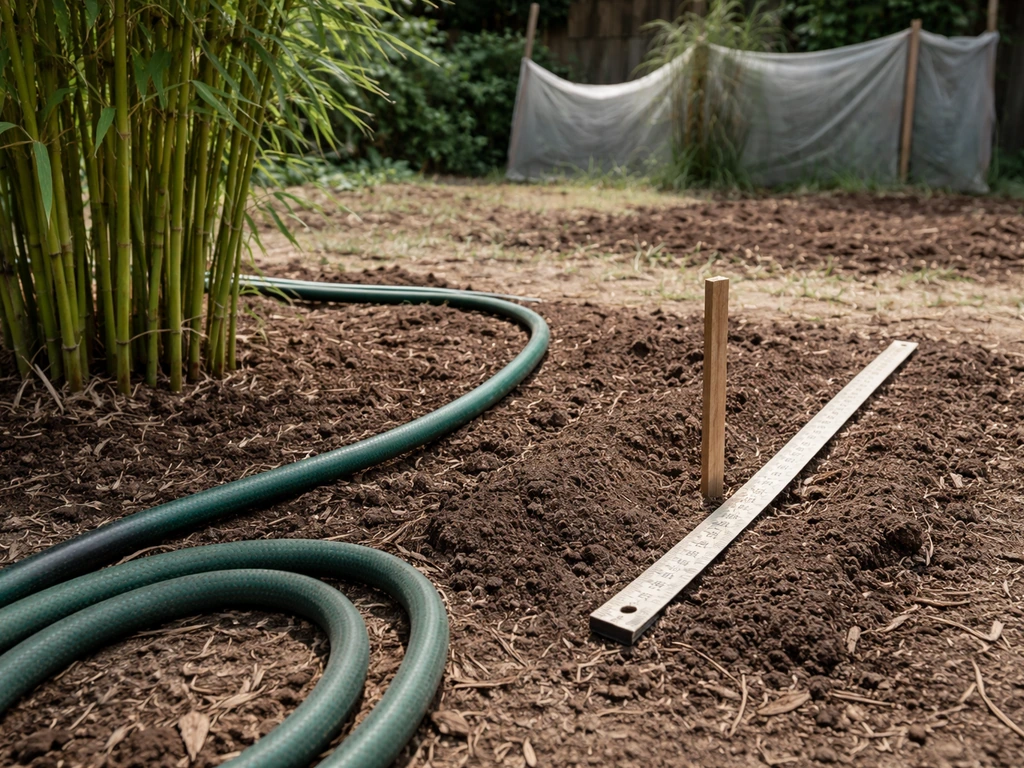 Garden measuring tape near bamboo planting area with simple watering hose and shade cloth, showing conditions