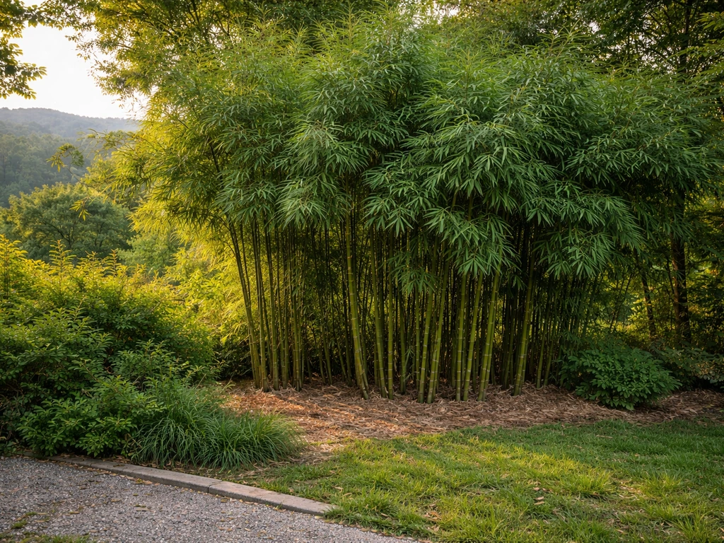 Tennessee backyard with healthy bamboo clumps and visible culms in soft mountain light