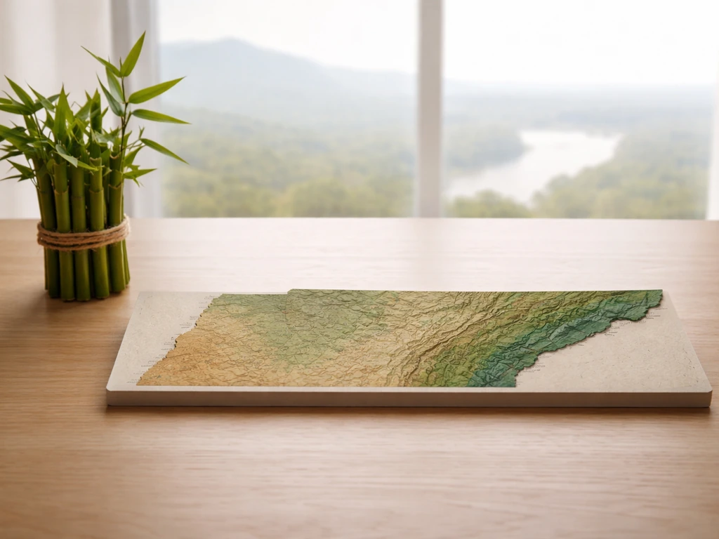 Relief map-like Tennessee east-to-west landscape with bamboo on a wooden table in natural light.