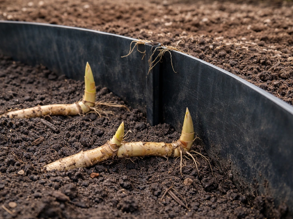Ground-level view of running bamboo rhizomes near a buried barrier, trying to cross.
