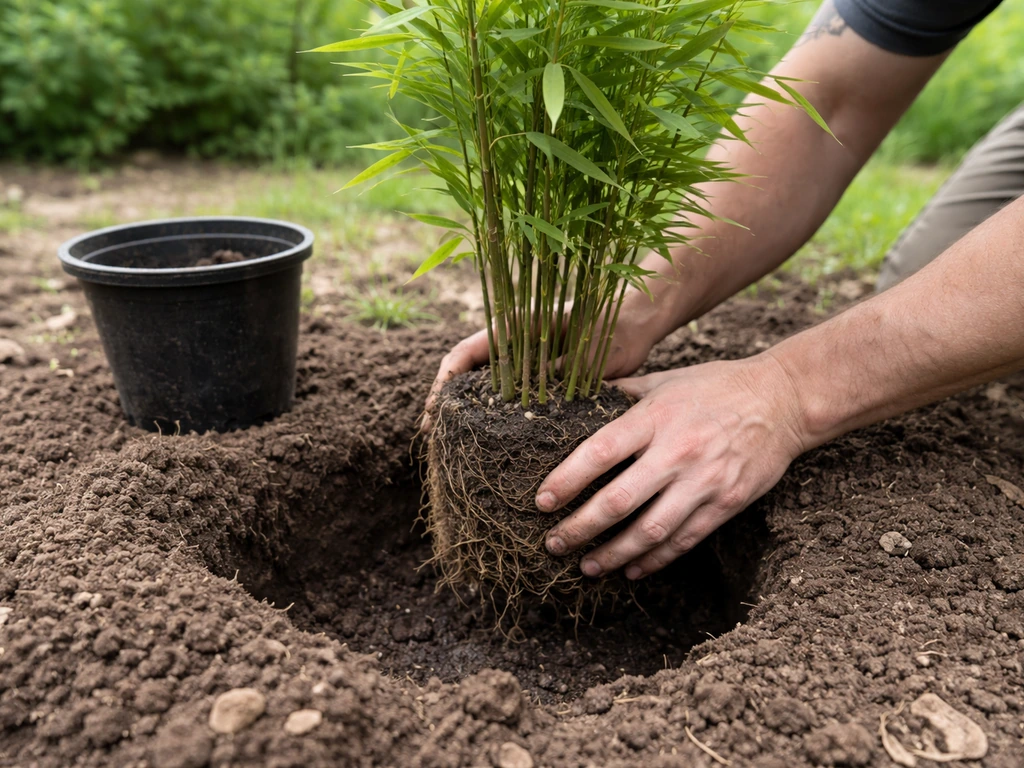 Gardener hands place a small bamboo crown into a prepared hole with a potted transplant nearby.