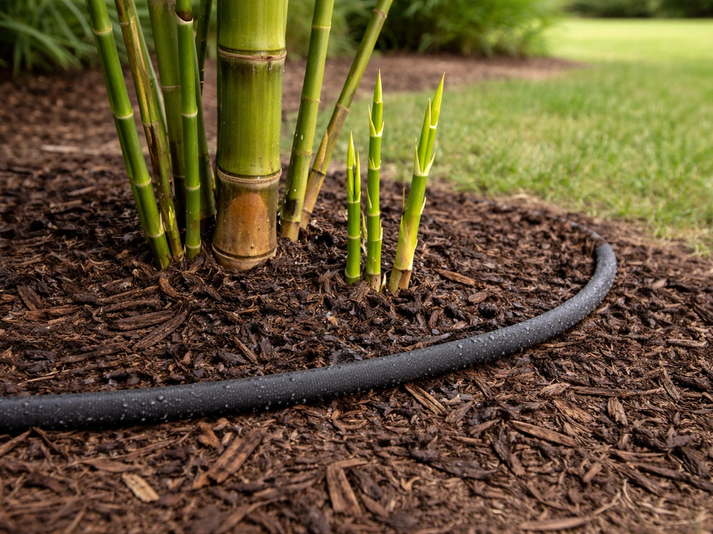 Mulched bamboo root zone with a soaker hose watering setup in a Tennessee backyard garden.