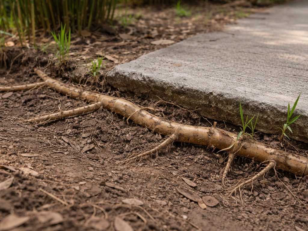 Underground bamboo rhizomes spreading near a concrete walkway, with no people shown.