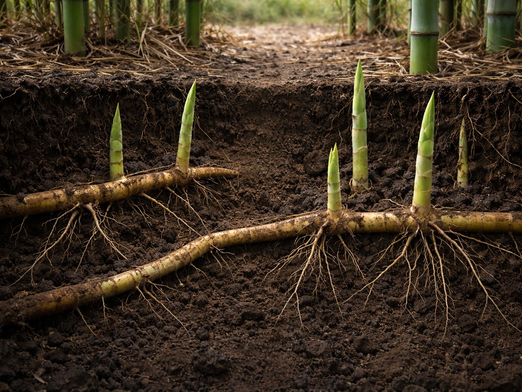 Cross-section of bamboo underground rhizomes spreading and new culms growing upward to the surface.