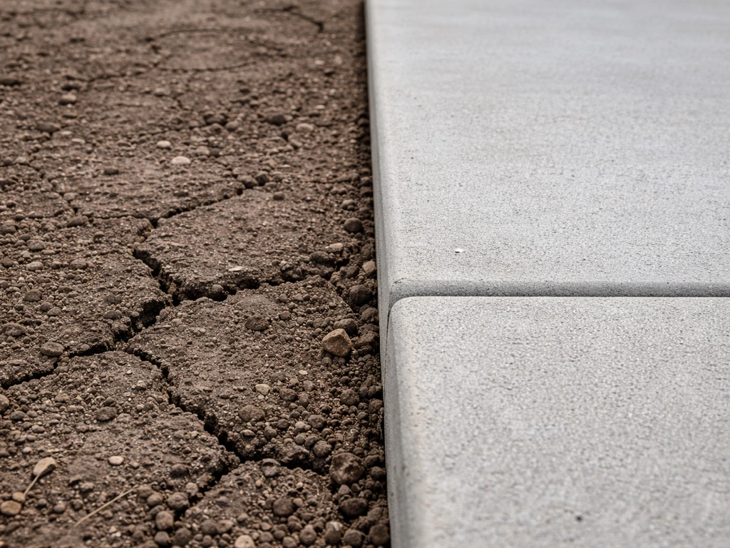 Close-up of soil and small ground gaps beside a sealed concrete barrier, showing bamboo rhizome spread limits.