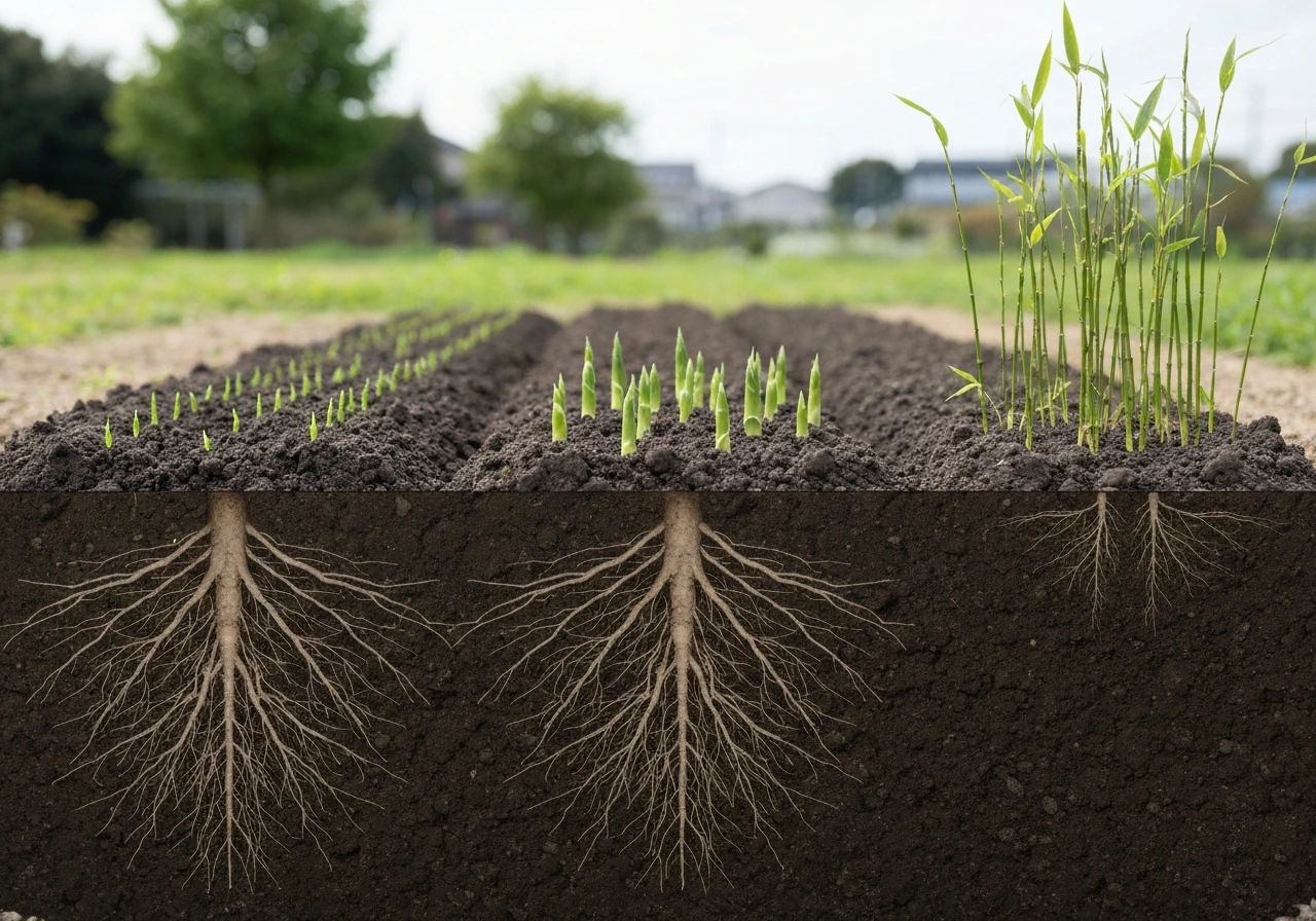 Minimal photo of bamboo culms emerging through soil in staggered stages, roots implied beneath ground.