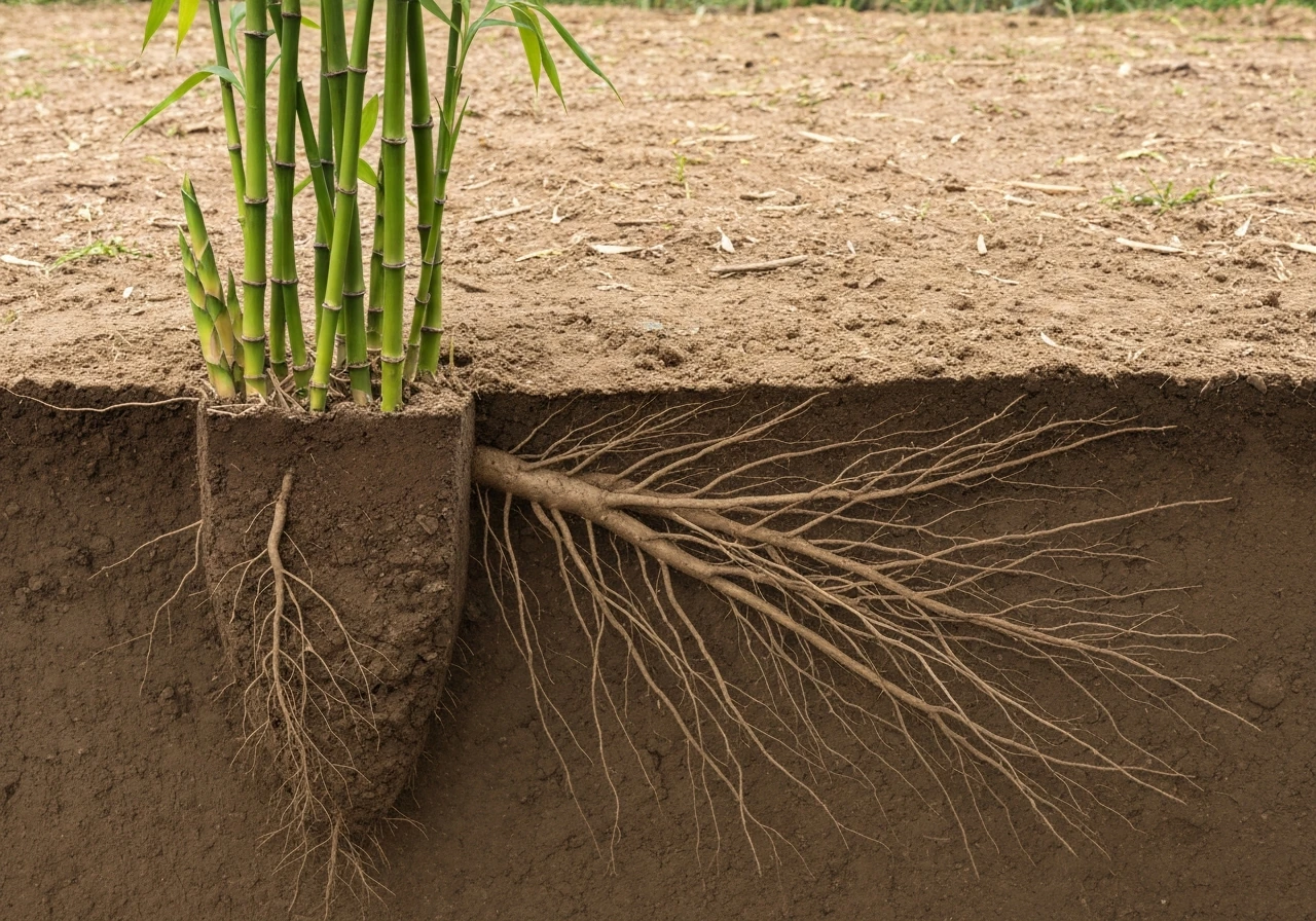 Minimal side view of bamboo with only a few shoots above ground and dense rhizomes hidden below soil.