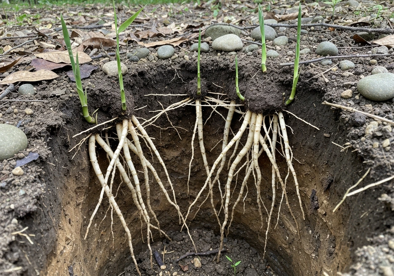 Close-up view of running bamboo rhizomes spreading underground with a few sparse culms above soil.