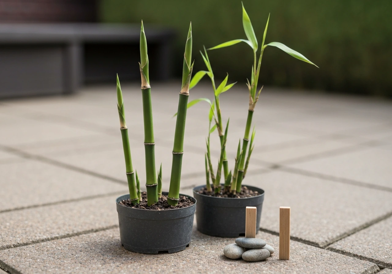 Bamboo clump in a pot showing green existing culms, few first-year shoots, and newer culms emerging later.