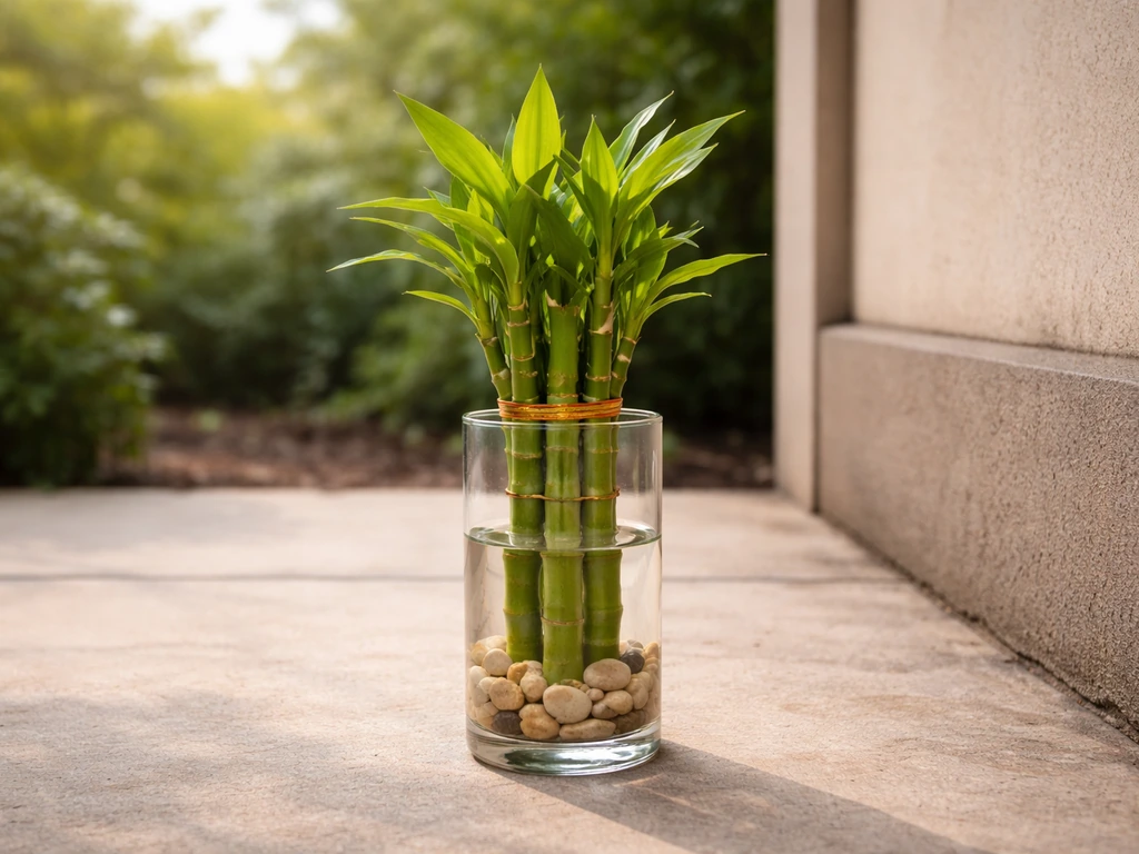 Lucky bamboo in a clear pot on a UK patio, thriving in filtered light with subtle weather protection