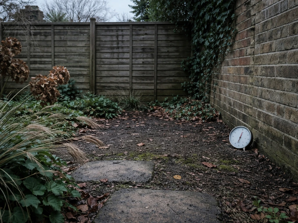 UK backyard corner with wind-battered leaves and a small thermometer by a garden wall at dusk.