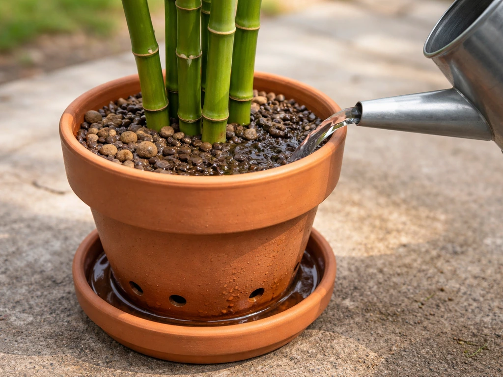 Close-up of a terracotta pot with drainage holes, saucer, gravel layer, and watering can outdoors.