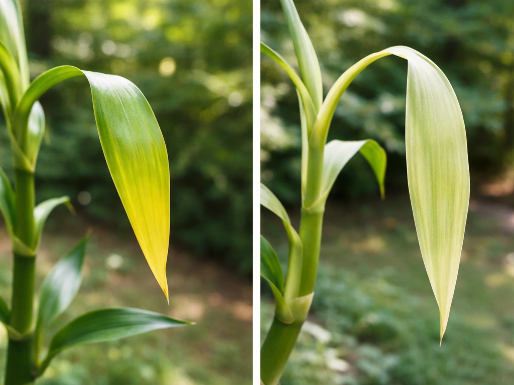 Two close-up outdoor plant leaf details showing yellow tips versus pale limp translucent leaves