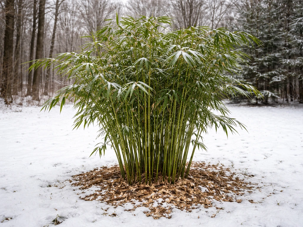Cold-hardy bamboo clump in a snowy upstate New York yard with mulched roots and winter treeline.
