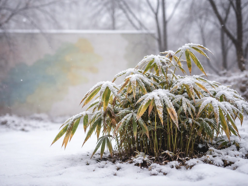 Frosted bamboo in a winter New York garden with blurred zone-color shapes suggesting cold limits.