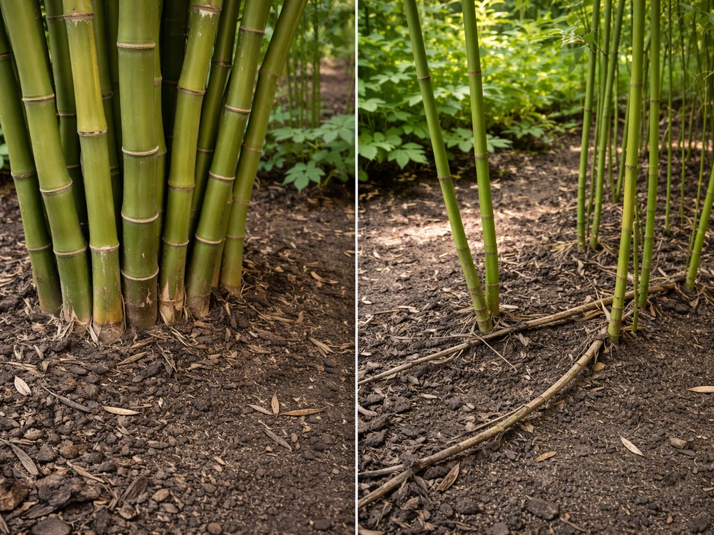 Upright clumping bamboo next to early running bamboo in a mulched garden bed.