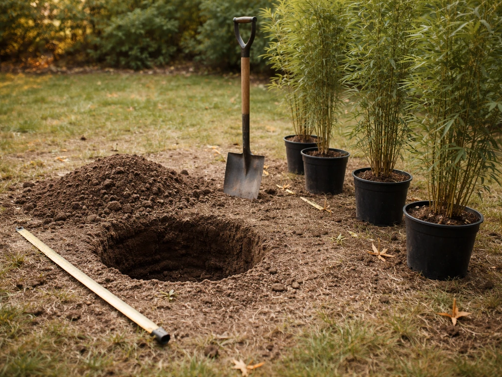 Gardening tools and potted bamboo staged beside a prepared planting hole in a simple upstate-style yard