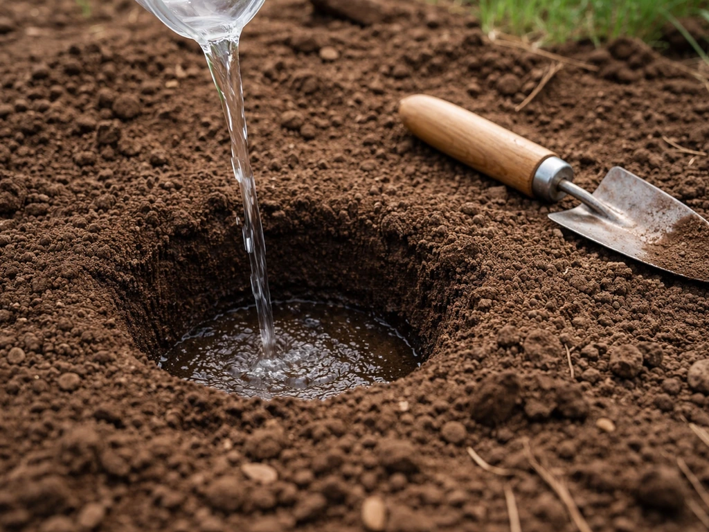 Clear water poured into a soil hole that quickly soaks in, showing good drainage.