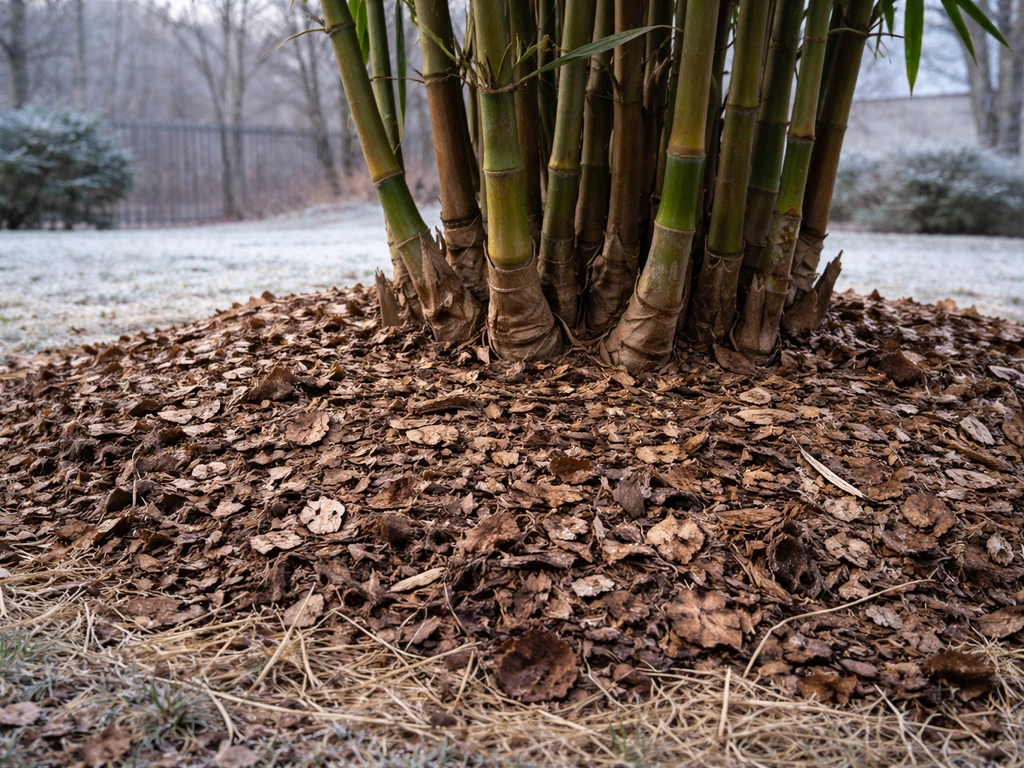 Bamboo base in winter with a thick layer of wood-chip and leaf mulch over the root zone.