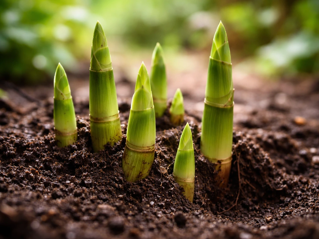 Fresh bamboo shoots emerging from soil, green new growth with moist earth in natural spring light.