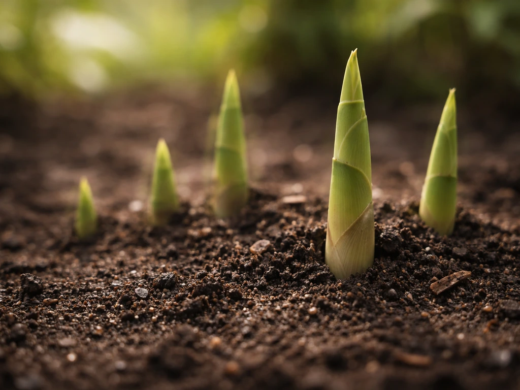 Bamboo new shoots pushing up from soil in spring, captured as a simple time-sequence effect.