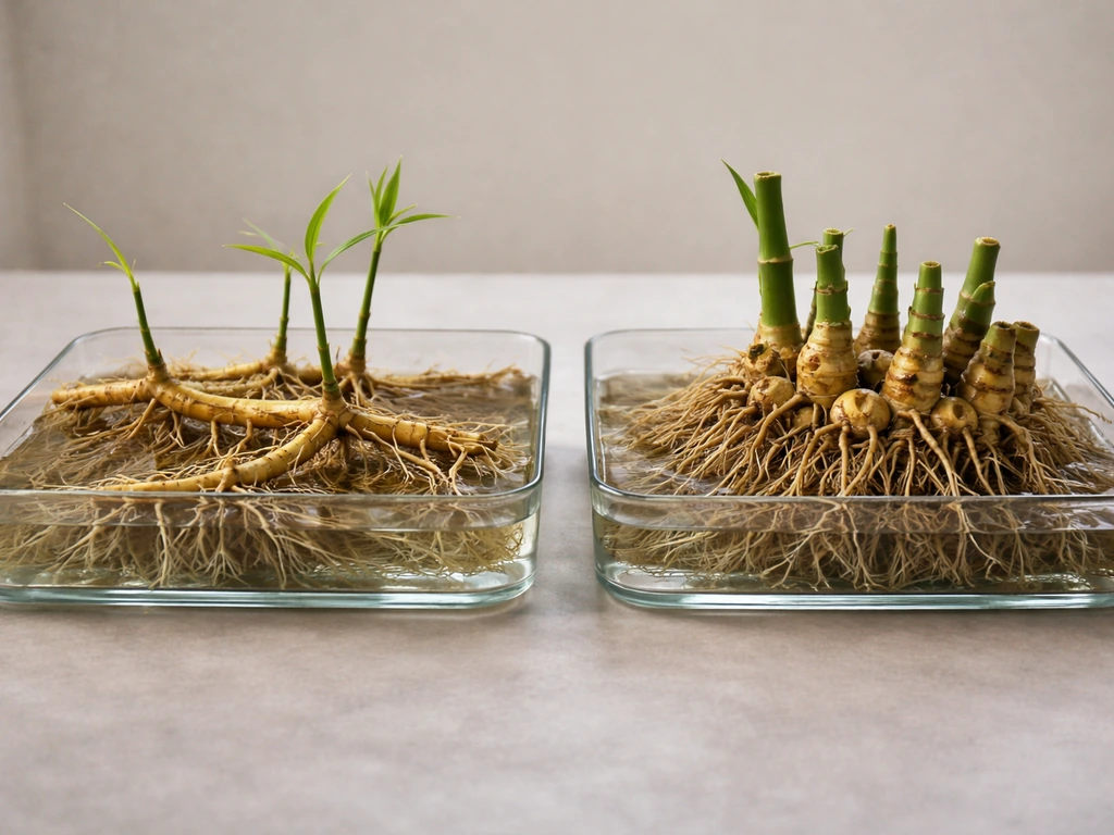 Side-by-side trays showing running bamboo rhizomes vs clumping bamboo rhizomes’ different growth patterns.