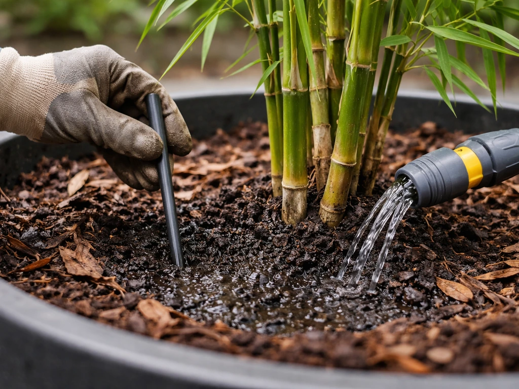 Hand holding a soil moisture probe beside bamboo roots with a gentle watering setup in a potting bed