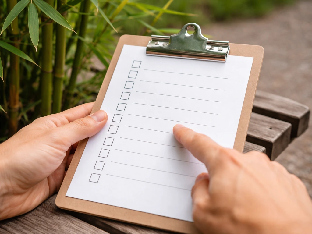 Close-up of a clipboard checklist beside bamboo plants while an anonymous hand marks boxes.