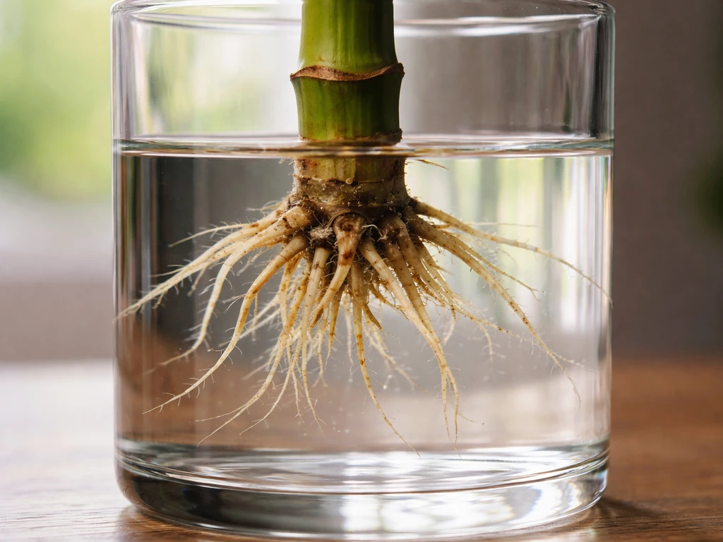 Close-up of bamboo rhizome and roots partially submerged in clear water, with the waterline visible.