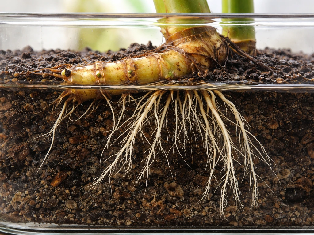 Photoreal bamboo rhizomes and fibrous roots partially submerged, with a clear waterline separating wet and underwater pa