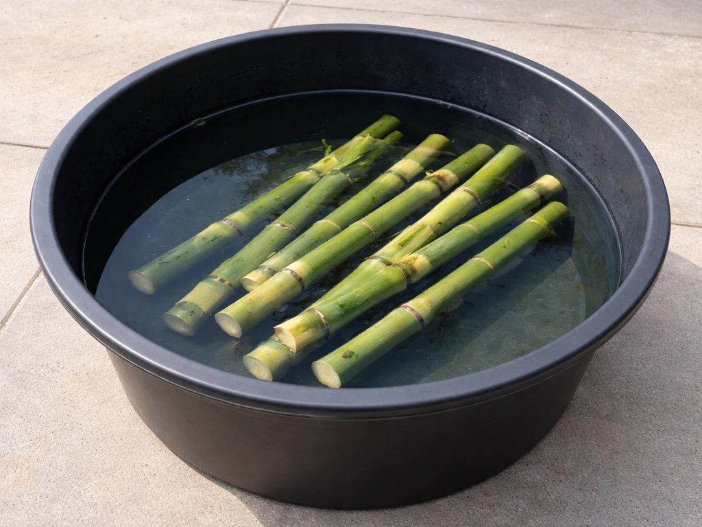 Overhead view of a dark opaque tub with bamboo cuttings and clear water at the correct depth.