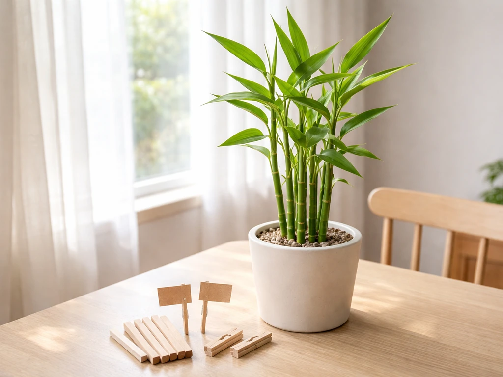 Bamboo plant near a bright window with blank plant markers showing light adjustment for growth
